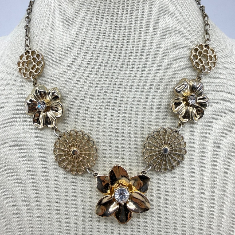 Gold Tone Rhinestone Floral Bib Necklace Openwork Statement Coquette Wedding